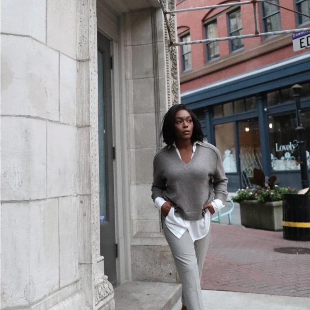 Brochu Walker Light Gray Looker Layered V-Neck wool cashmere •